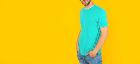 cropped unshaven guy. male casual fashion. mens beauty. man with bristle in blue shirtの写真素材