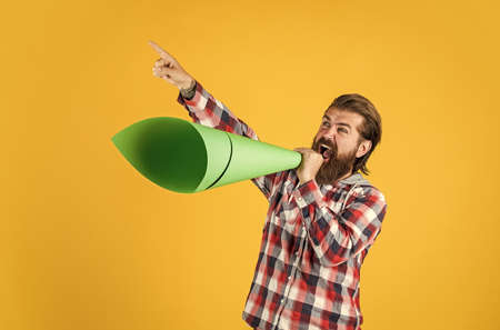 Promotion of business advertising. bearded man with important announcement. grand opening. marketing...