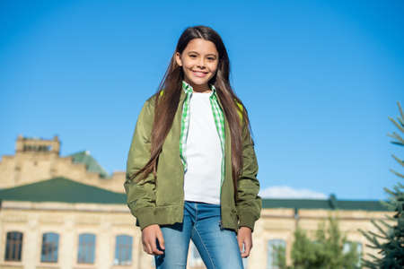happy kid with school bag outdoor. back to schoolの写真素材