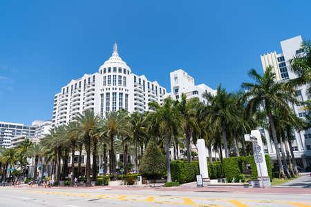Miami Beach, Florida USA - April 14, 2021: collins avenue with palms in miami