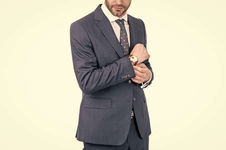 cropped man confident successful businessman in suit and wristwatch isolated on white, wristwatch.