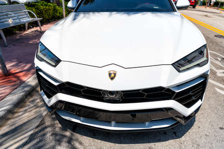 Miami Beach, Florida USA - April 14, 2021: white Lamborghini Urus Sedan, front view. sports crossoverのeditorial素材
