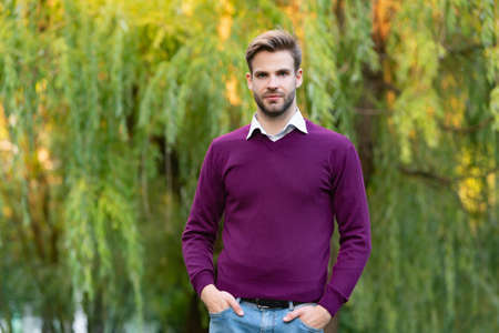 young bearded man in casual style outdoorの写真素材