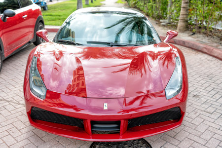 Miami Beach, Florida USA - April 18, 2021: red Ferrari 488 GTB, front view