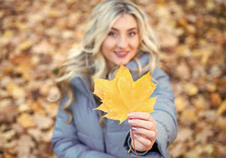 No rush. woman with long hair in fall forest with leaves. girl on dry fallen leaves background. wear...