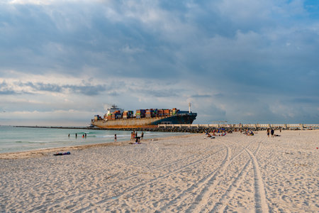 Miami Beach, Florida USA - April 18, 2021: cargo ship with containers in miami portのeditorial素材