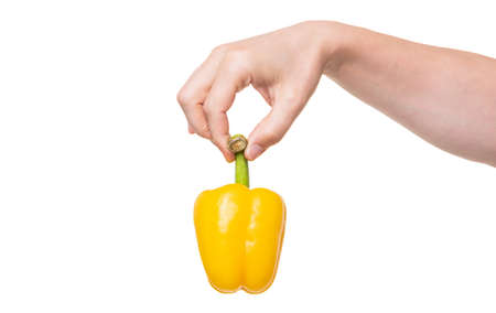 organic sweet pepper vegetable in hand isolated on white backgroundの写真素材