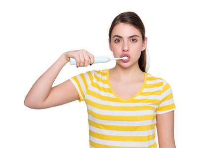 amazed girl with toothbrush isolated on white background