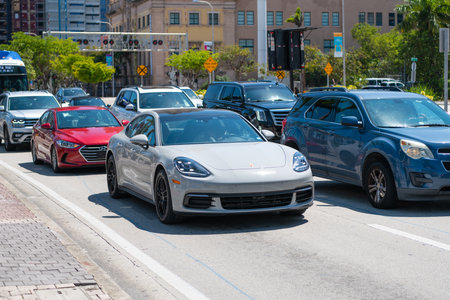 Miami Beach, Florida USA - April 15, 2021: Porsche Panamera 4 e-Hybrid on the roadのeditorial素材