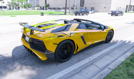 Miami Beach, Florida USA - April 15, 2021: yellow Lamborghini Aventador LP 750-4 SV, back viewのeditorial素材