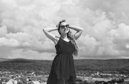 happy child with summer sunglasses outdoor, free timeの写真素材