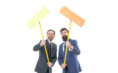 mature bearded men in suit hold householding mop. cleaning company. clean business. clean slate....