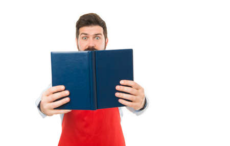 surprised man husband learn cooking. Culinary school. menu planning. shocked chef in apron dont know...