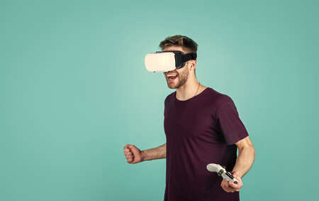 young guy with unshaven face and stylish hair wear wireless vr headset, digital lifeの写真素材