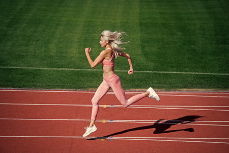 woman in motion. athletic lady compete in sprint. sport healthy lifestyle. fitness training outdoorの写真素材