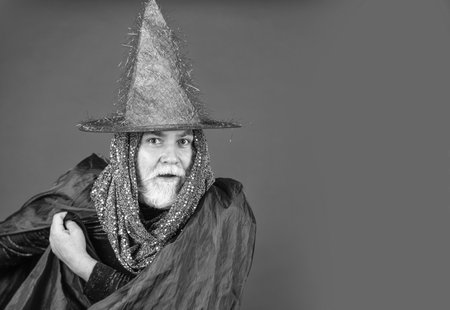 What a night. Halloween wide banner. Halloween decoration and scary concept. 31 october. gothic man in Halloween costume. Magic concept. Experienced and wise. Wizard costume hat Halloween partyの写真素材