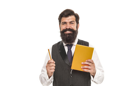 Happy male teacher hold book and pen for teaching school lesson, literature education