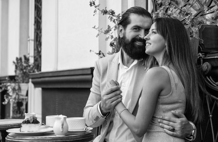 what a nice morning. togetherness and relations. couple in love. bearded man and womanの写真素材