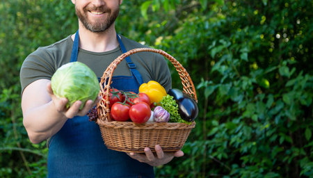 cropped view of harvester hold basket full of vegetablesの写真素材