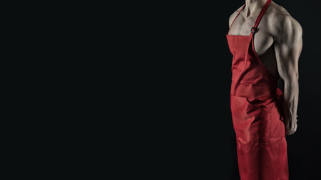 sport diet banner with man in apron, copy space. studio shot advertisement. cropped view of man