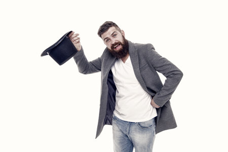 Man bearded guy magician. Magic trick performance concept. Circus magic trick performance....