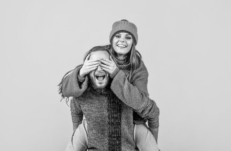 happy couple in love having fun wear knitted clothes in winter, loveの写真素材