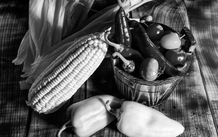 Enjoy fresh vegies. Raw vegetables wooden board. Fresh food. Eat it freshlyの写真素材