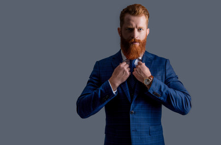 suit and tie of business boss. business boss in suit isolated on grey background with copy spaceの写真素材