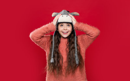 winter fashion for cheerful teen child. earflap hat knitwear. teen child model in earflap hat.