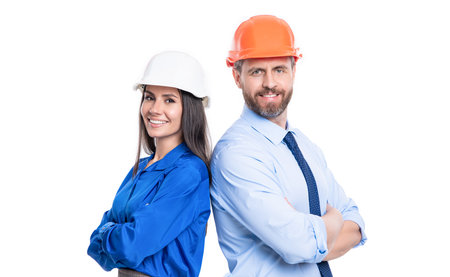 two business architect colleagues in studio. businesspeople wear helmet