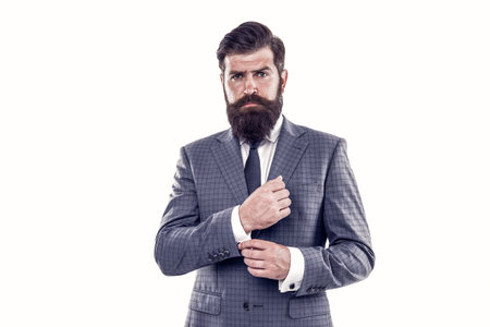 Handsome hipster expensive clothes white background. Menswear concept. Fashion boutique. Elevate your daytime look with suit. Successful man in suit. Business man wear suit. Serious bearded manの写真素材