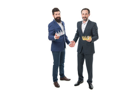 Royal benefits club. Men wear crowns. Businessmen successful people. Feeling as king. Self esteem....