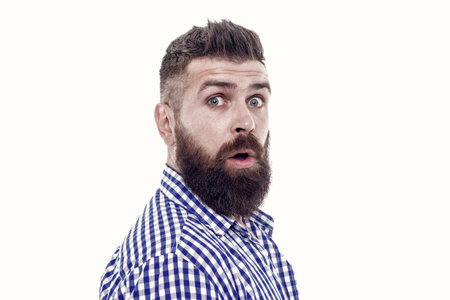 are you ready for sale. barbershop master. mustache from barber. Mature hipster beard. trendsetter hipster with mustache isolated on white. mustachioed and bearded. shocked after hairdresser salonの写真素材