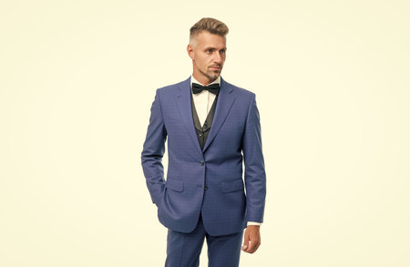 grizzled man in bow tie blue suit. businessman isolated on white. gentleman in formal wearの写真素材
