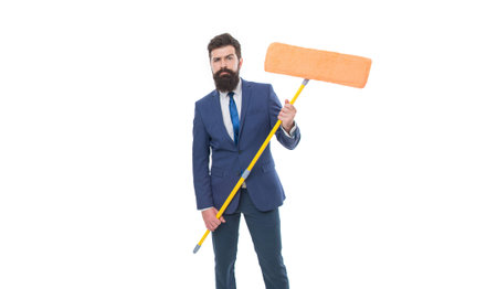 jobless business man auditor with mop isolated on white. jobless business man auditor