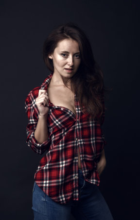 Self confidence is best outfit. Sexy girl grey background. Provocative look of sexi girl. Sensual girl in casual style. Pretty girl with long hair and makeup. Fashion and style. Beauty and make upの写真素材