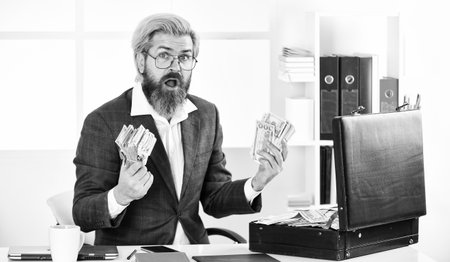 Financial director. Financial success. Cash turnover accounting and tax payment. Businessman with cash. Man business owner office. Create bank account. Credit and cash concept. Financial consultingの写真素材