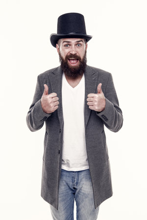 Magician trick performance concept. Circus magic trick performance. Magician circus worker. Man...