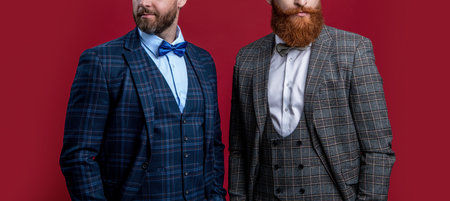 studio shot of cropped men wearing bowtie and tux. elegant men in formal tux suit with bowtie.の写真素材