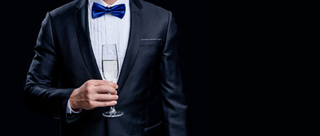 cropped view of tuxedo man cheering in studio. tuxedo man cheering with champagne.の写真素材