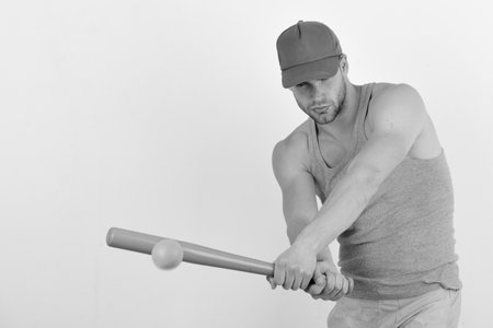 Sports and baseball training concept. Guy in grey tank topの写真素材