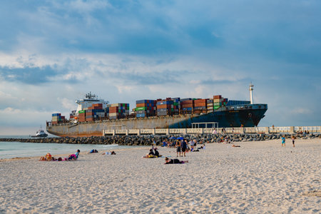 Miami Beach, Florida USA - April 18, 2021: cargo ship with containers in port. tradeのeditorial素材