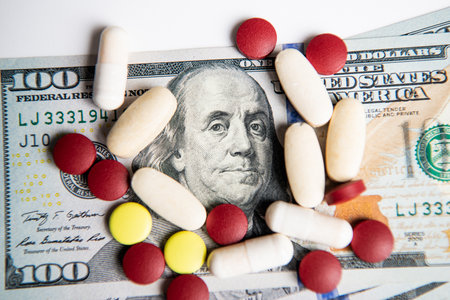 cash for medicine finance in closeup and selective focus. medicine finance in studio.
