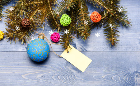 Tips for preparing christmas in advance. Decorative ball toy and gift tag copy space. Winter and...