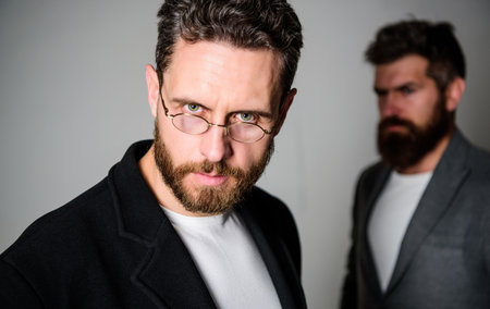 Man handsome bearded mature guy wear eyeglasses. Eye health and sight. Optics and vision concept....