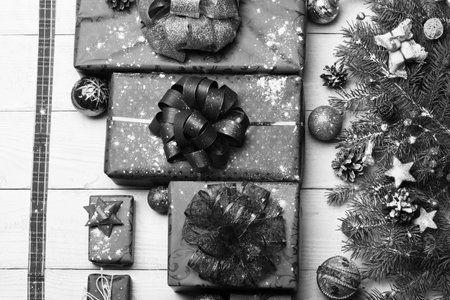 Winter time and New Year card concept. Decorations on whiteの写真素材