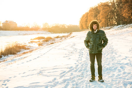 stylish man wear winter fashion outdoor with copy space. fashion man at winter holidays.の写真素材