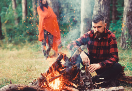 Guy with tired face and lonely at picnic, barbecueの写真素材