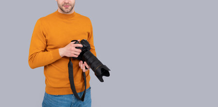 photography man with photo camera, copy space. photo of man with photography camera.