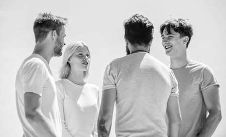 best friends. Social. group of four people, partnership. Group communication pleasure. Enabling effective communication. Business team. Young people in casual style. cheerful guys and girlの写真素材